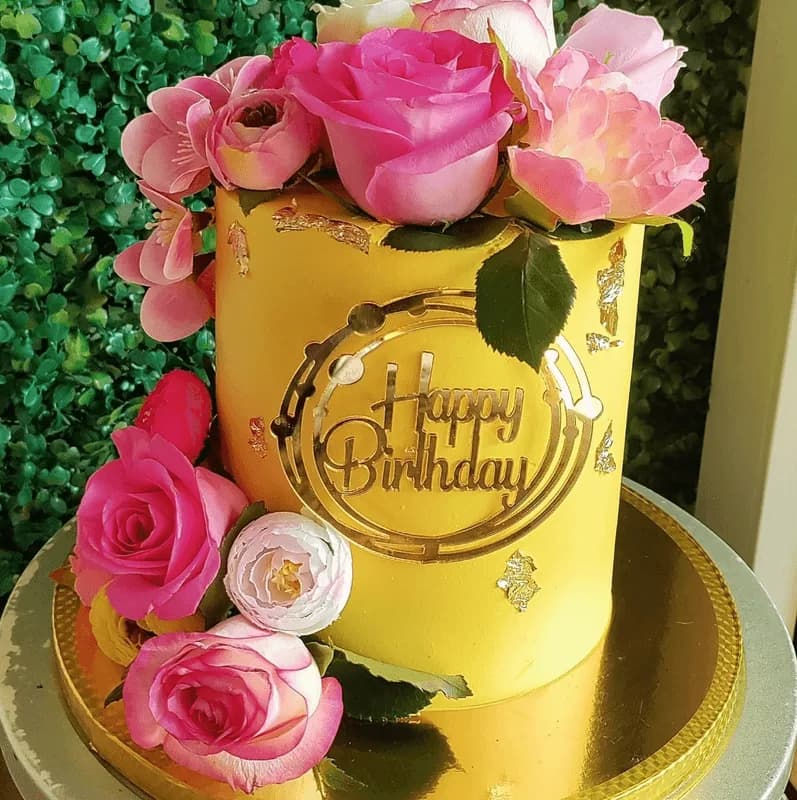 Gold Floral Happy Birthday Cake